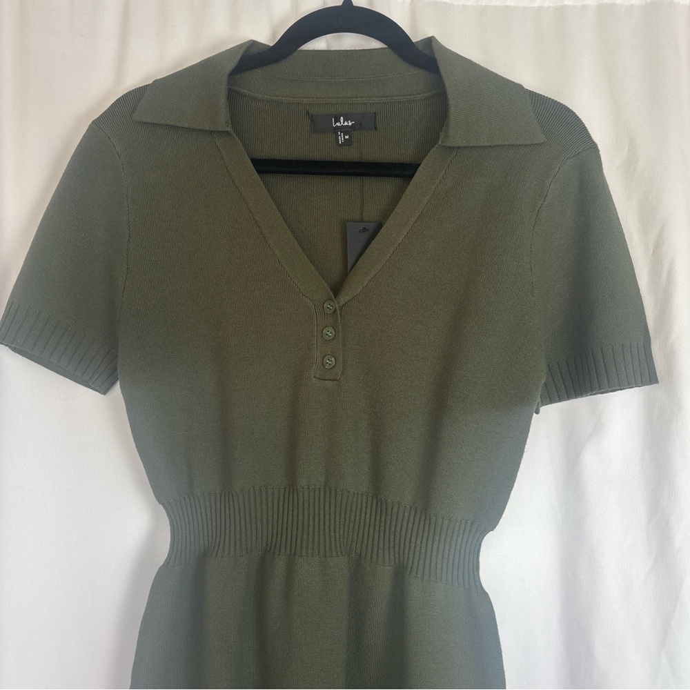 Lulus NWT Sz‎ M Sweater Dress Mini Olive Green Forest Fairy Academia Career - Picture 3 of 7